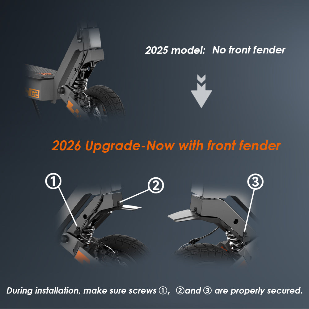 KuKirin G2 2025 and 2026 front-mudguard comparison